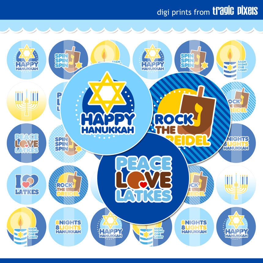 Happy Hanukkah Bottle Cap Images - 4x6 Digital Collage Sheet (No. 845) - 1 Inch Circles for Bottlecaps, Hair Bows, Magnets, & More