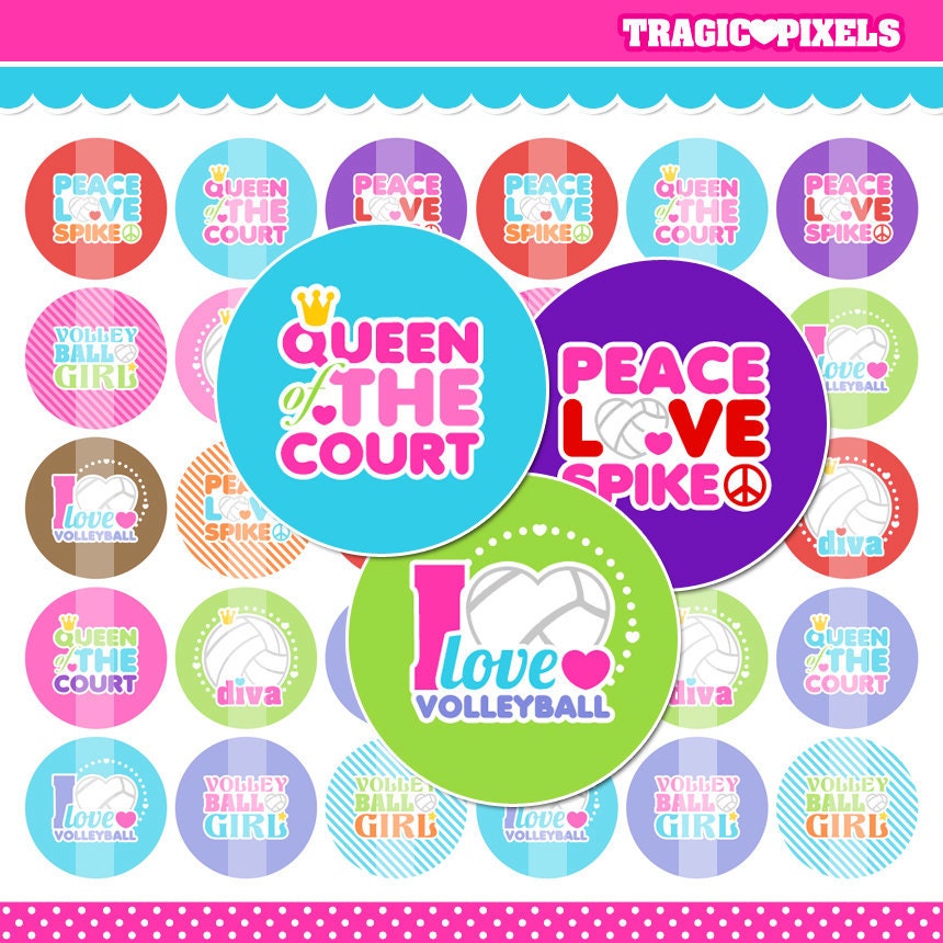 Volleyball Bottle Cap Images - 4x6 Digital Collage Sheet (No. 870) - 1 Inch Circles for Bottlecaps, Hair Bows - Instant Download