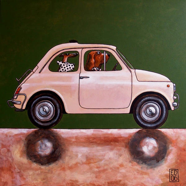 006 - FIAT CINQUECENTO  - folded art cards - dogs in cars series by ed van der hoek - 15X15cm/6X6inch with envelope