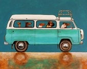 094 CAMPING FRIENDS - Signed and numbered print of dogs in a volkswagen camper T2 model