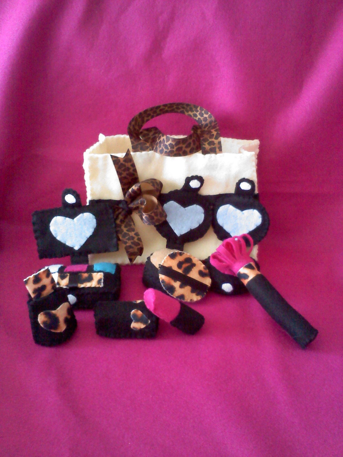 Black, Ivory, and Leopard Print Felt Make-up Set with Eye Shadow