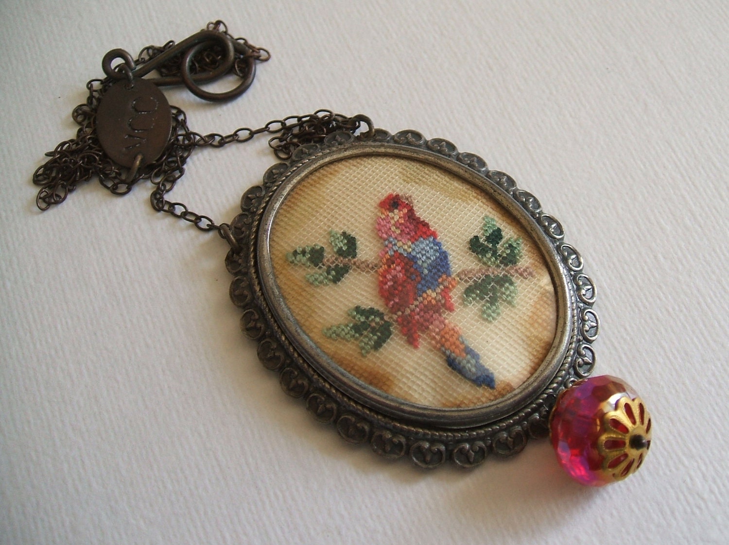 Vintage petite point miniature needlework parrot bird red necklace