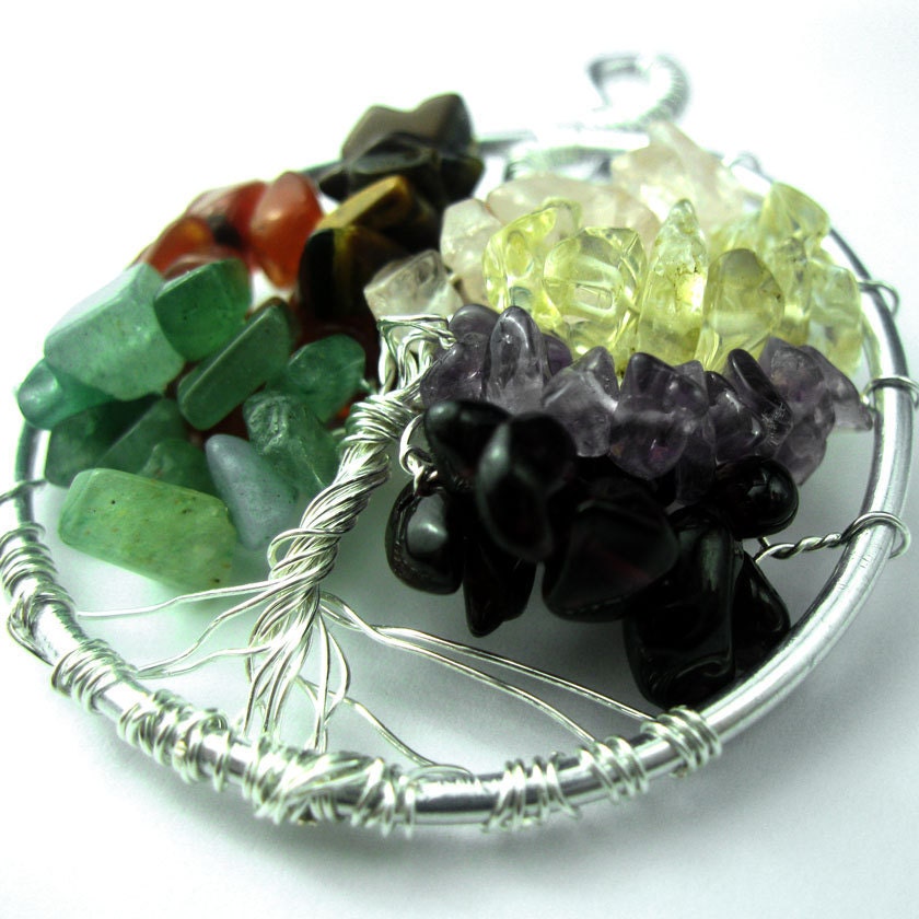 Gemstone Tree Of Life Pendant, Silver, Unisex