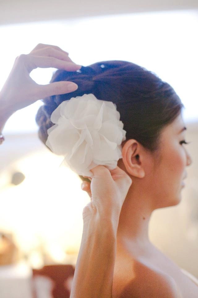 Bridal Flower Head Piece, Peony, Ivory Silk Chiffon, Fluffy Flower Hair Piece