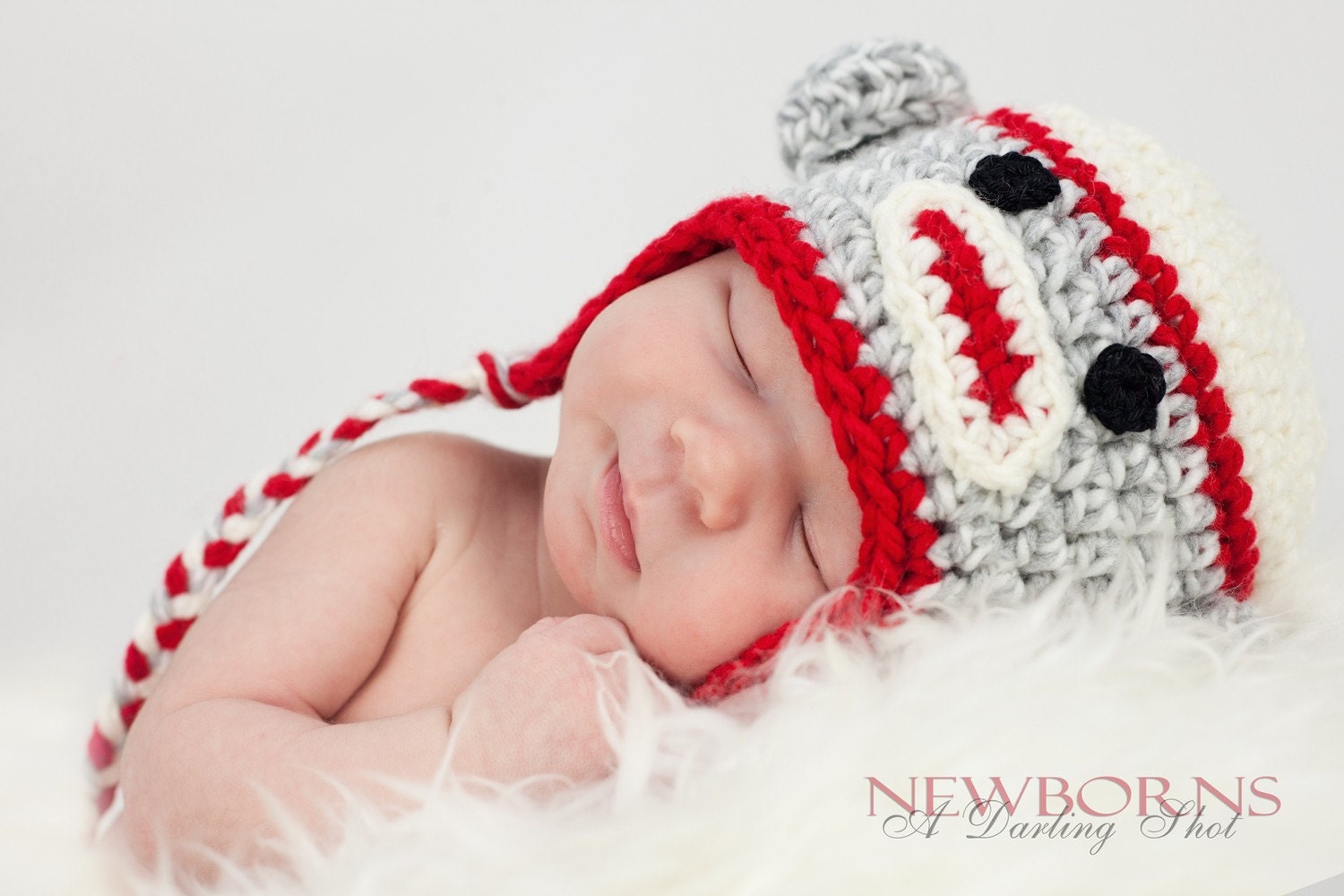 Newborn, Baby, Sock Monkey Earflap Hat - Great Photography Prop (Grey, Cream, and Red)