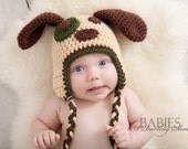 Toddler, Child Puppy Dog Earflap Hat - Great Photography Prop - (Beige, Brown and Green)