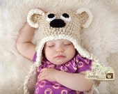 Newborn, Infant, Baby, Toddler, Child - Happy Teddy Earflap Hat -  Great Photography Prop (Cream and beige)