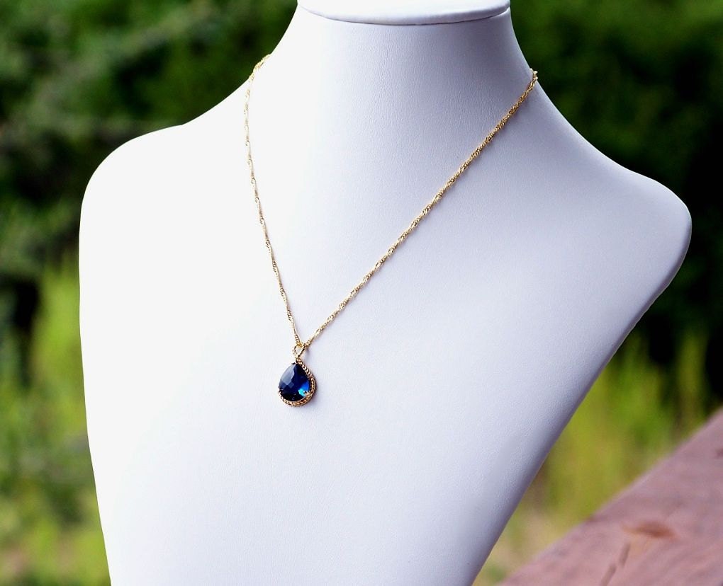 Sapphire Blue Crystal Teardrop and Gold Pendant Necklace