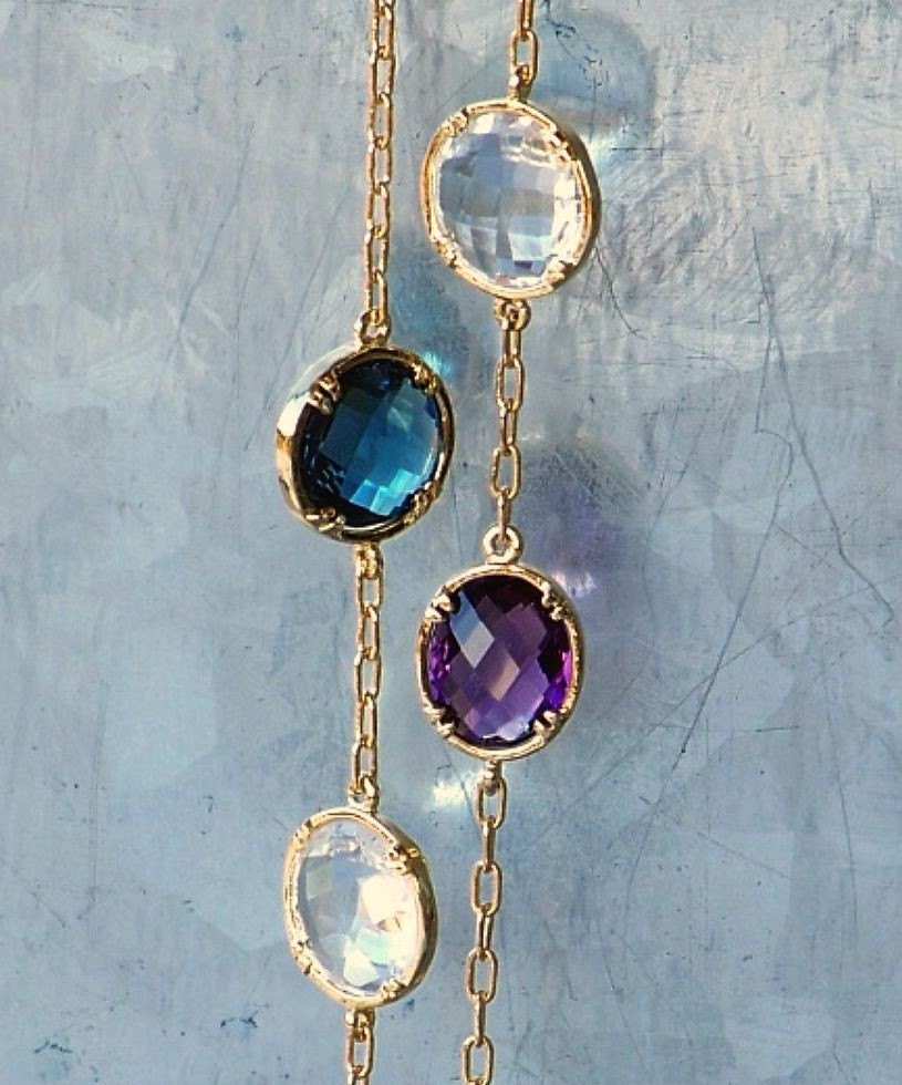 Gold Dolce Necklace with Faceted Amethyst, Sapphire and Clear Crystals Set in Gold