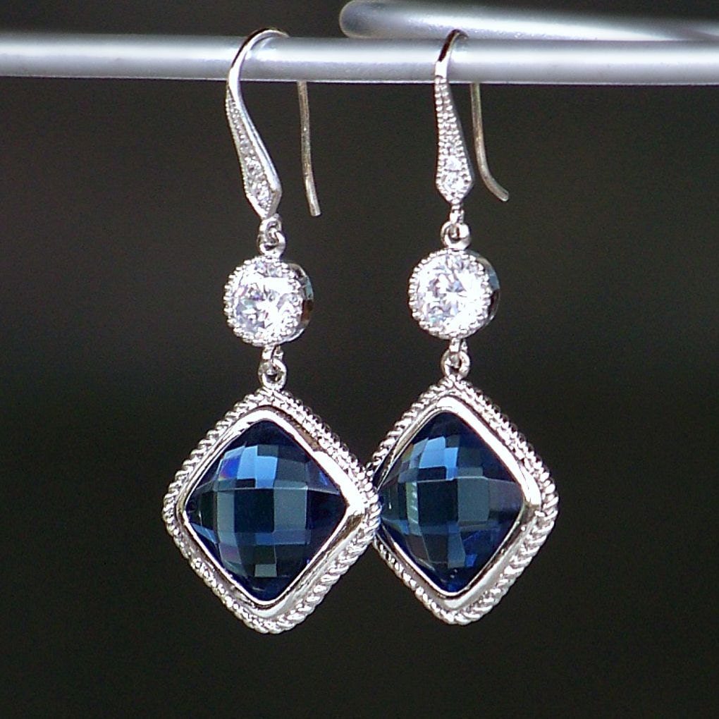 Faceted Sapphire Blue Crystal and Silver Dangle Earrings