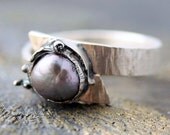 Pearl Ring- Steel GreyToned Pearl in Textured Sterling Silver Ring- Custom Made