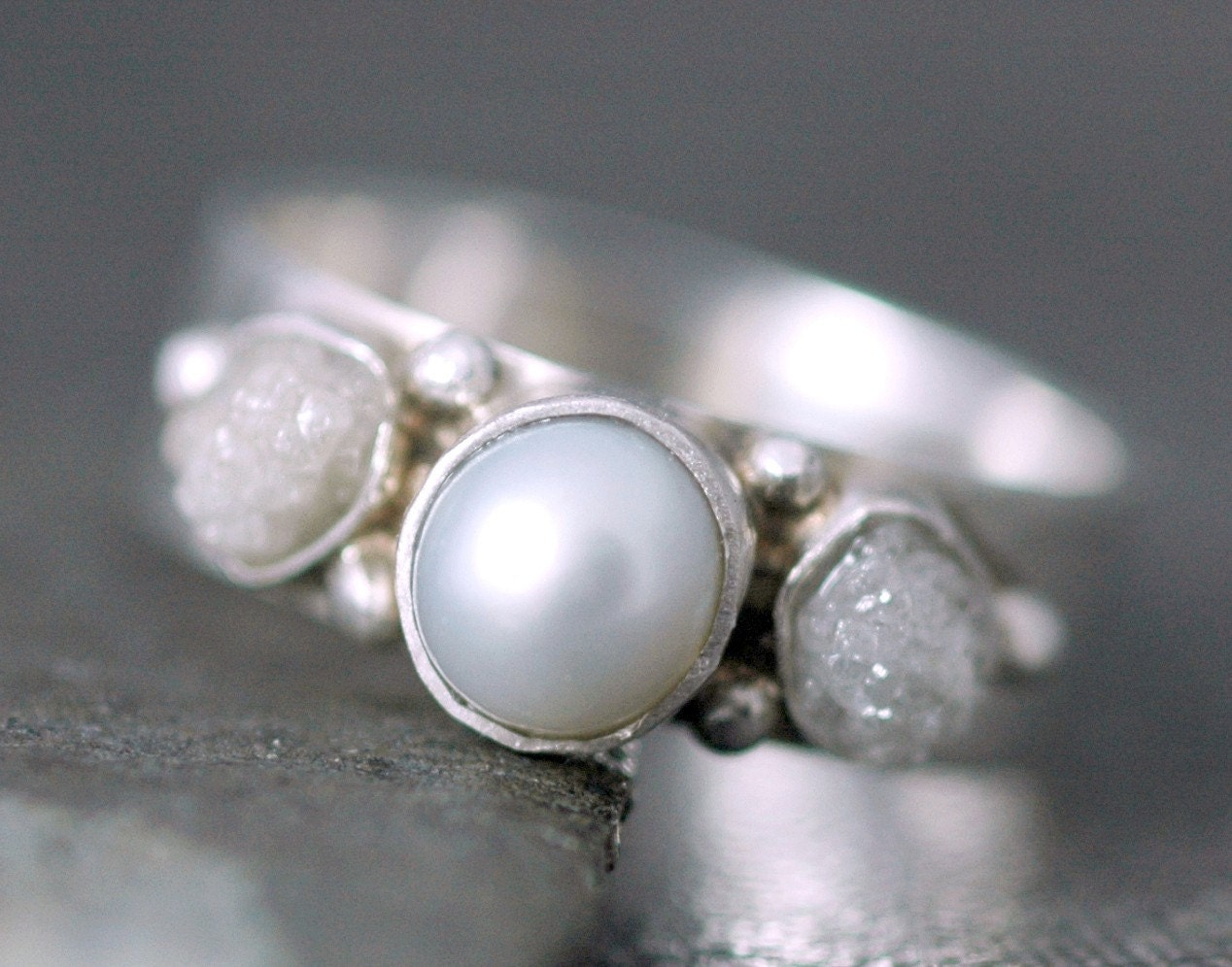 Rough Diamond and Pearl Engagement Band- Custom Made Custom Colour