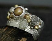 Rough Diamond and Copper Pearl Engagement Band and Wedding Stacking  Ring Set- Custom Made Custom Colour