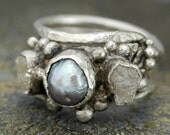 Diamond and Pearl Engagement Ring with Sterling Silver Wedding Band- Hammered Texture- Custom Made
