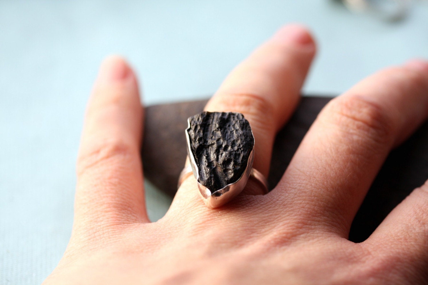 Tektite- Meteoric Impact Specimen in Sterling Silver Ring