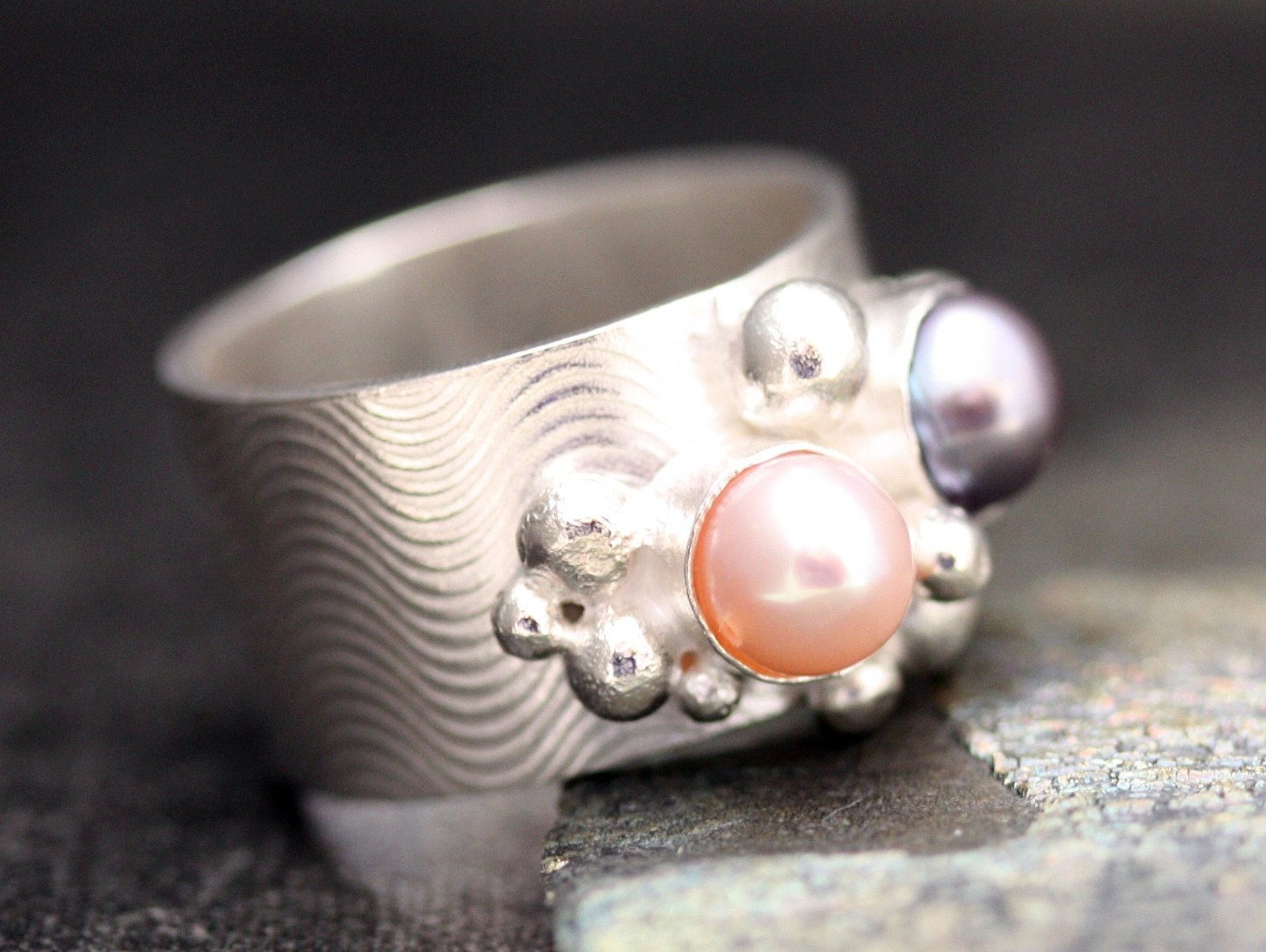 Colored Pearls in Textured Sterling Silver Ring- Choose Your Pearls