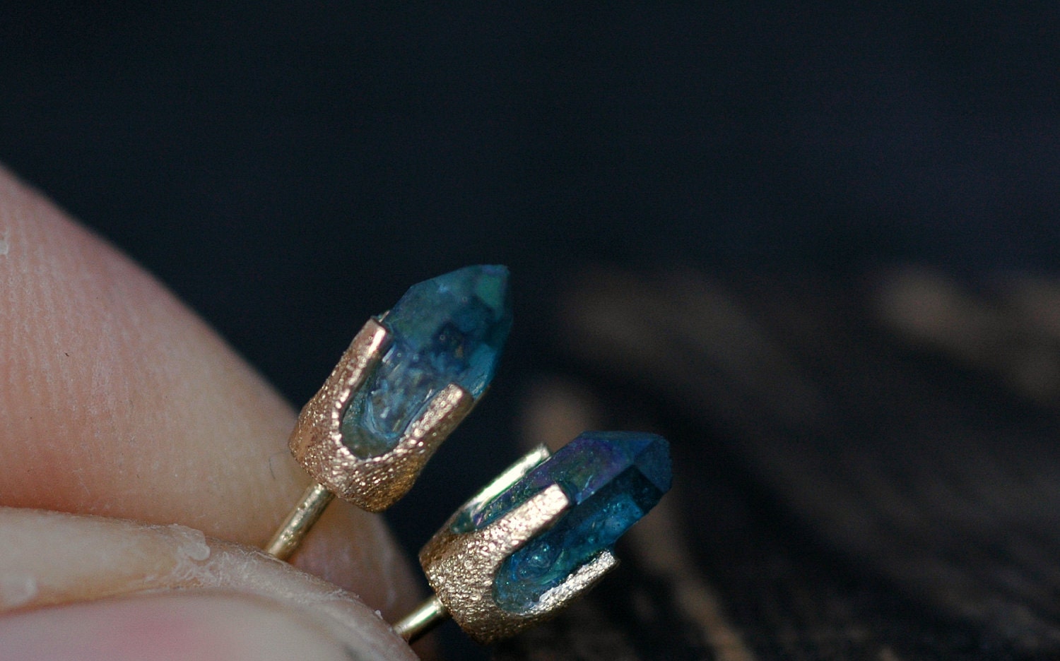 Little Aqua Aura Quartz Points in Textured 14k Yellow Gold Earrings