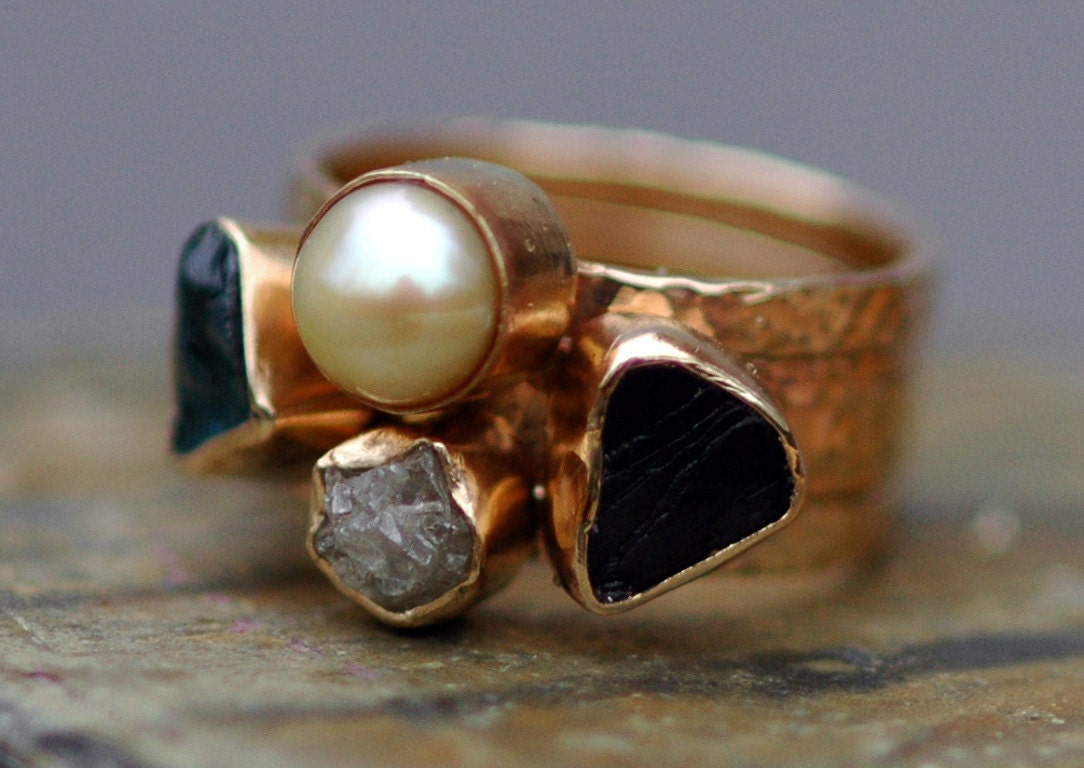 Three Stacking Rings- Custom 14k Gold  Set With Pearl, Rough Diamond, and  Raw Gemstones