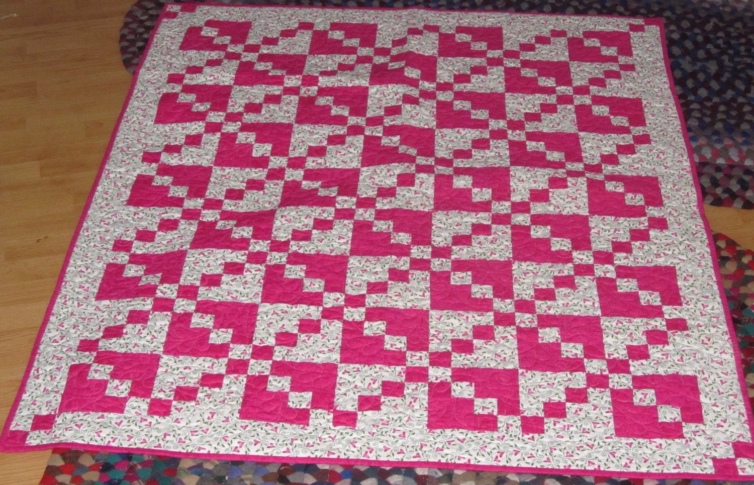 Handmade Pink Hearts Four Patch Lap Quilt