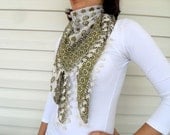 Needle Crocheted Lace- Traditional Turkish Oya Shawl- Sweet Grass Fern Green Hearts Snow Flakes Summer Autumn Garden Forest