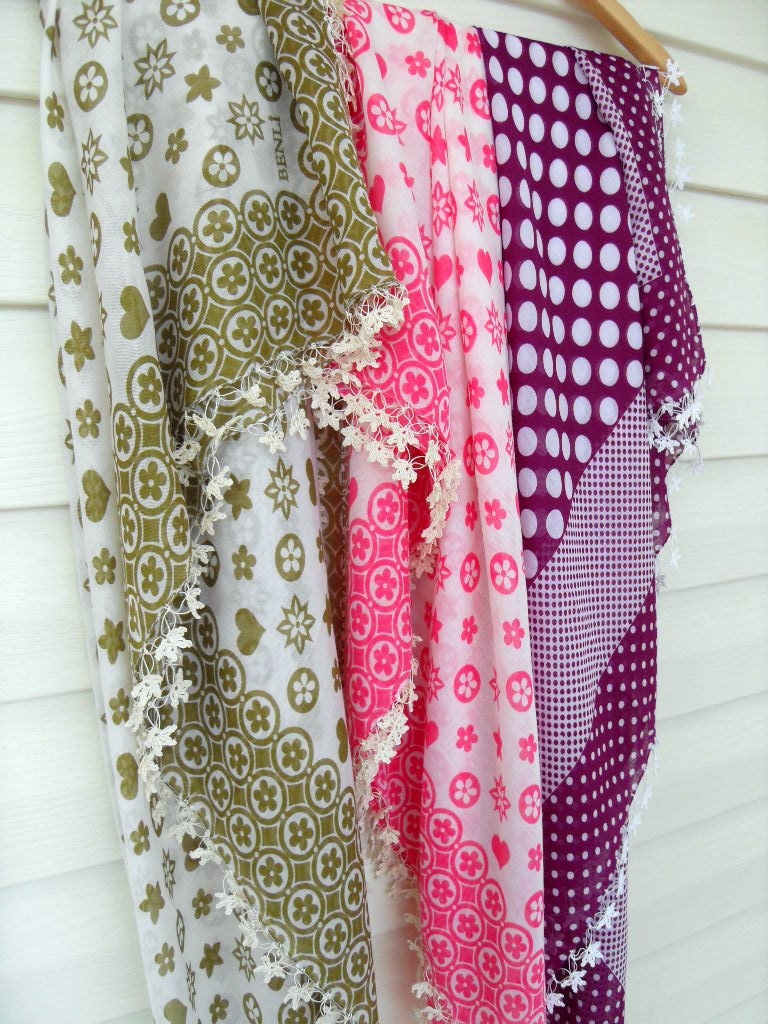 Set of 3 Needle Crocheted Lace- Traditional Turkish Oya Shawl- Fern Green Pink Hearts Plum Violet Polkadots Snow Flakes Rainbow