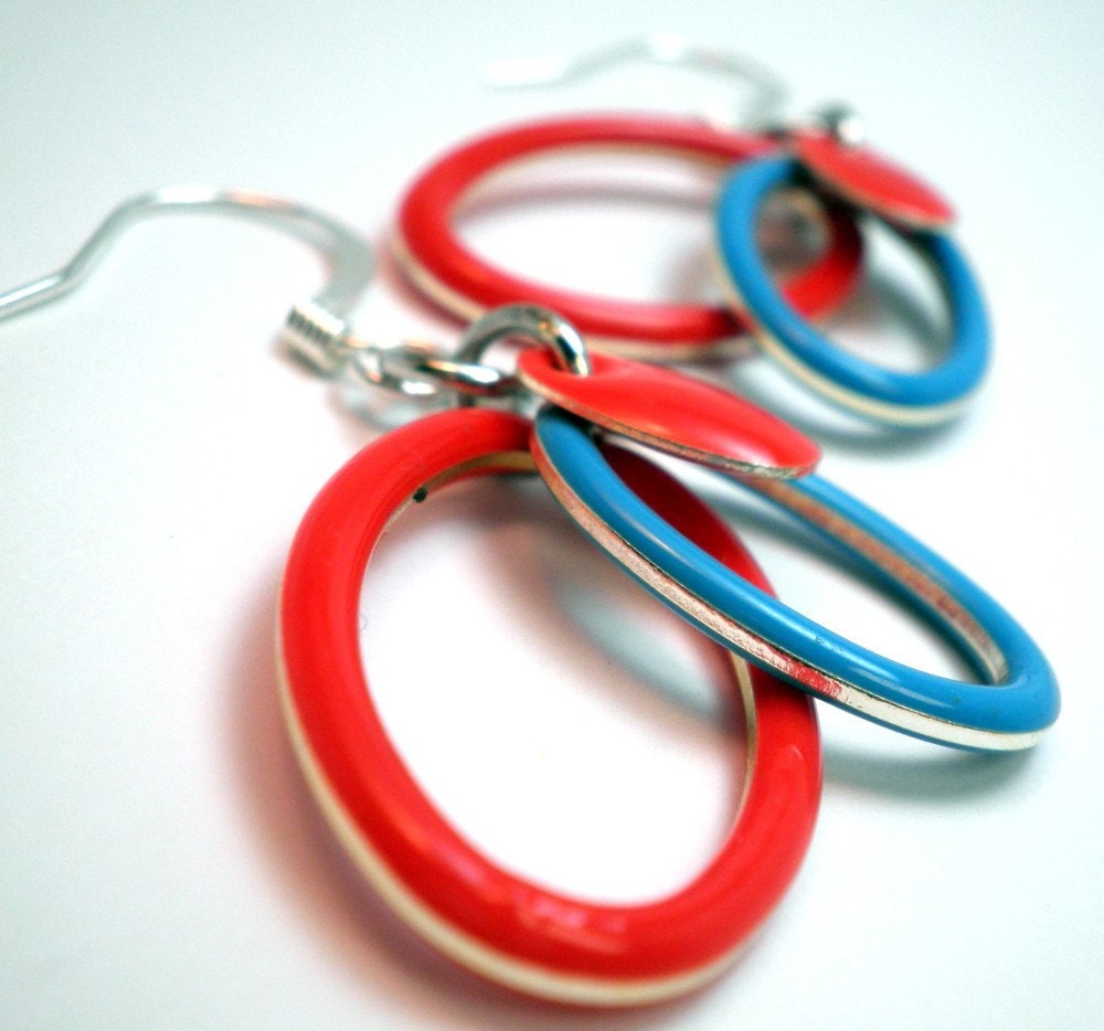 Earrings - Stacked in Ovals - Candy Drop Epoxy Beads in Brilliant Blue and Bright Red