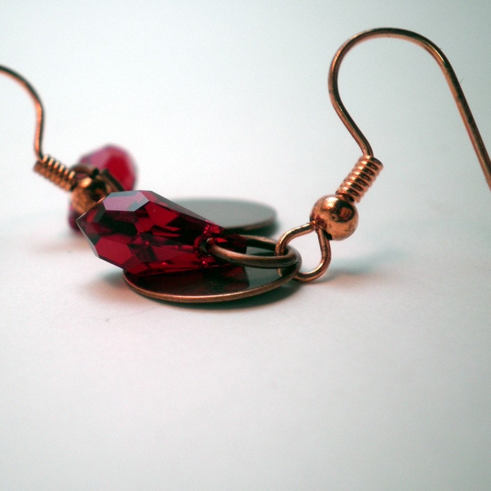 Earrings - Copper and Ruby Red Swarovski Drops