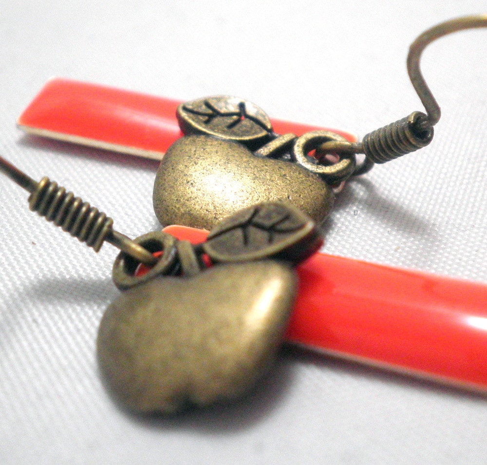 Charm Earrings Brass Apple - Accented by Candy Apple Red Epoxy Long Rectangular Candy Drops