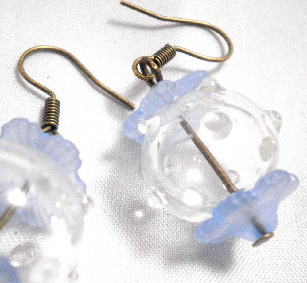 Earrings - Bubbly Clear Hollow Glass Orbs with Ice Blue Flower Accents