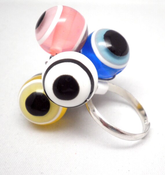 Cocktail Ring Multicolored Evil Eyes Adjustable