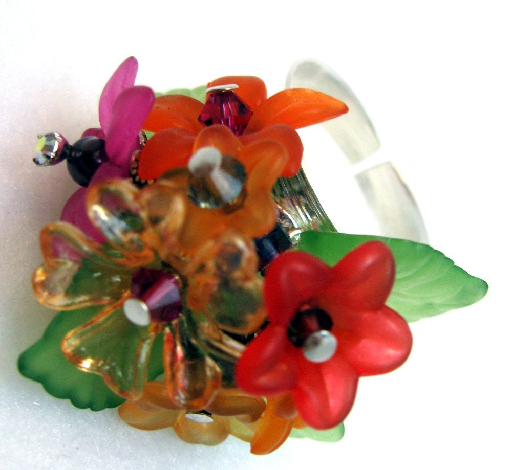 Wide Banded Ring - Bouquet of Flowers - Adjustable Hill Tribe Silver