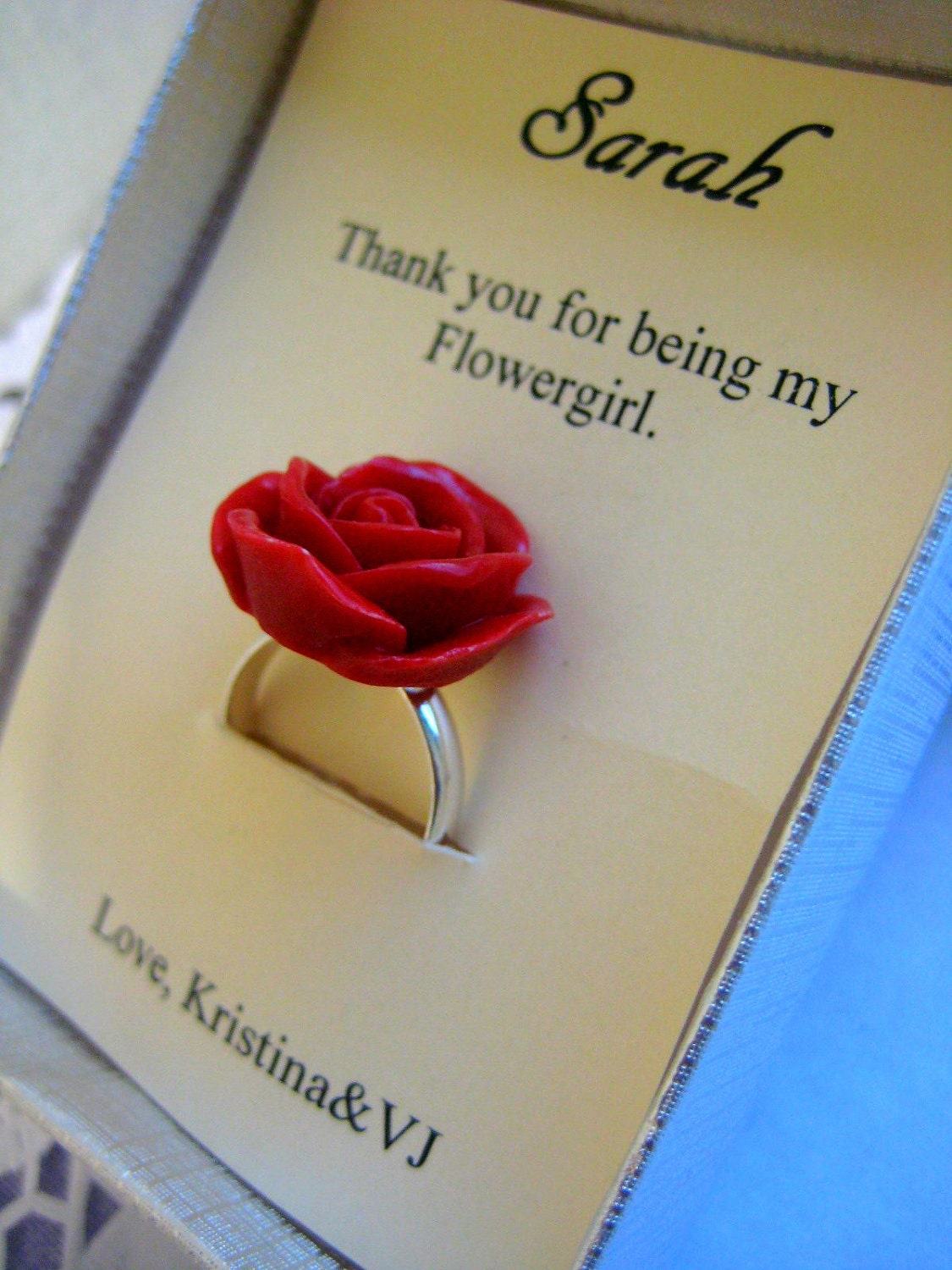 Ask flowergirl, junior bridesmaids. Rose ring. FREE personalized notecard. Ring child sized.