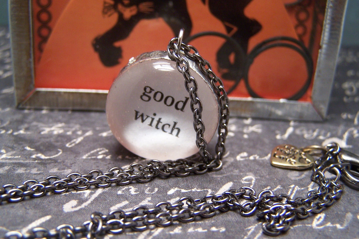 Halloween Necklace... Good Witch Bad Witch Reversible Bubble Charm Necklace... Soldered Glass Bubble