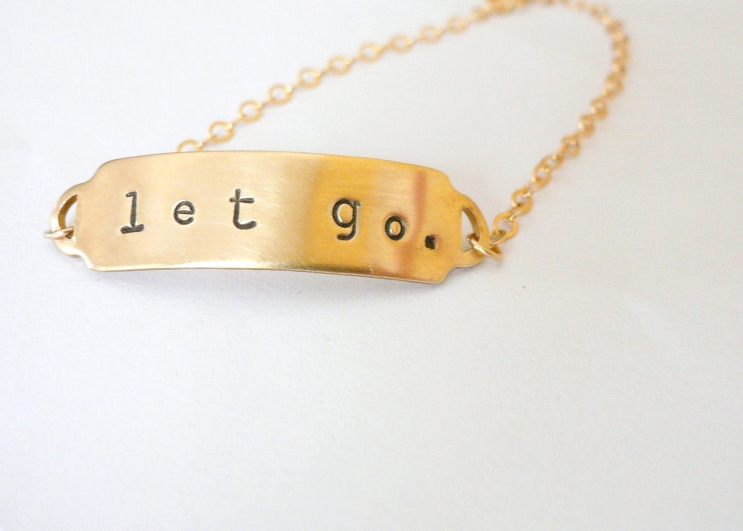 Inspirational Jewelry. Let go. ID bracelet. Gold monogram bracelet. Personalized brass bracelet. 14K gold fill chain. Medical ID tag.