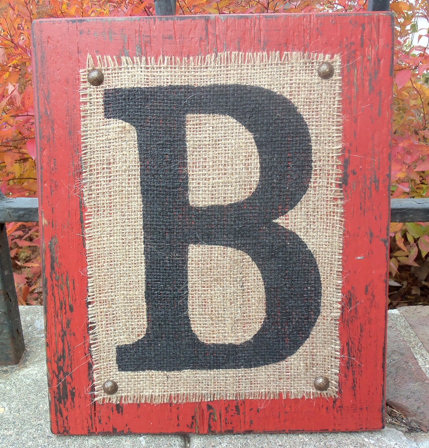 Wood burlap Letters Custom Sign uppercase B block - Worn Red or you choose color