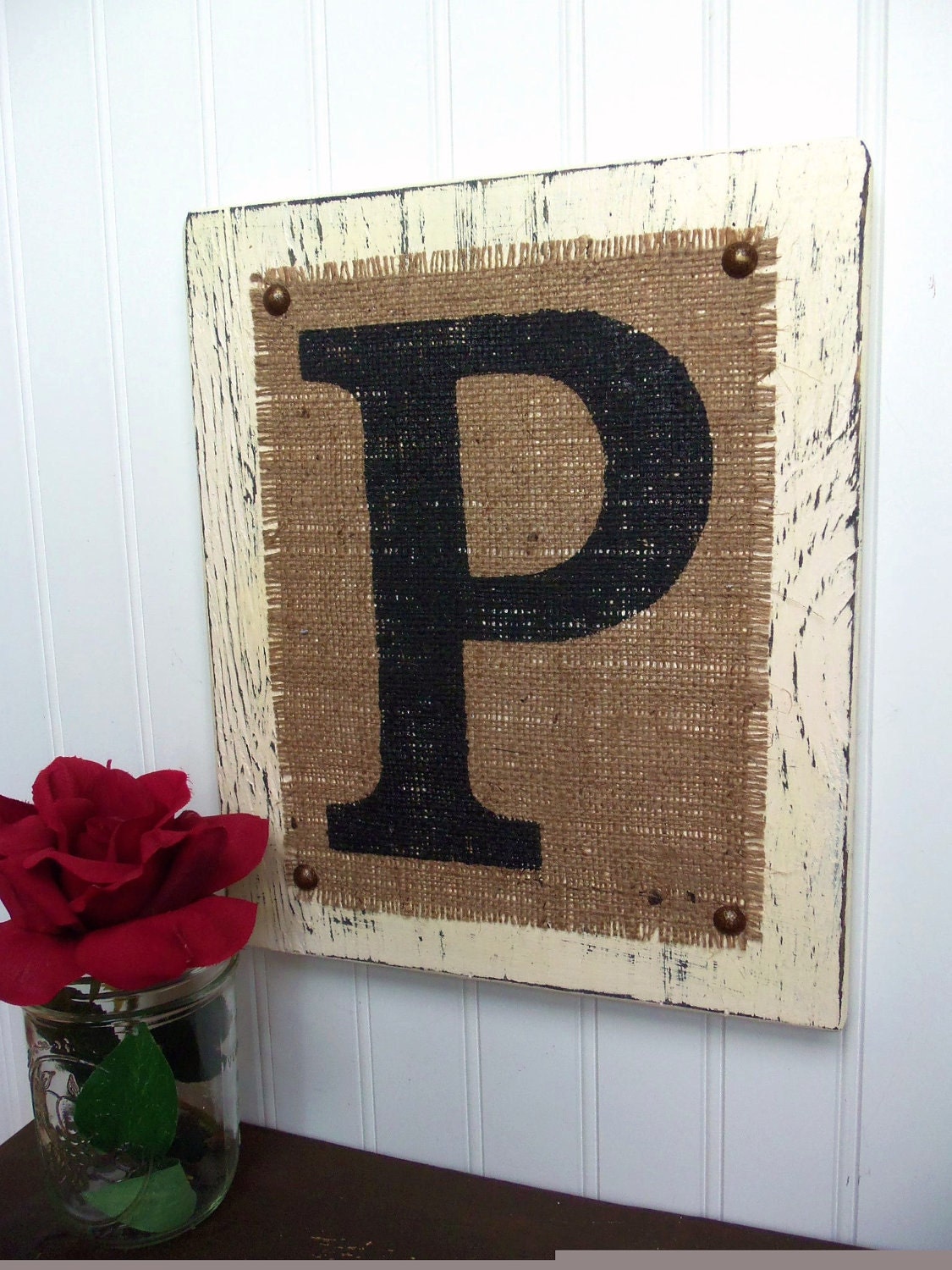 Monogram P Burlap Wood Sign Custom you choose letter and color, ivory