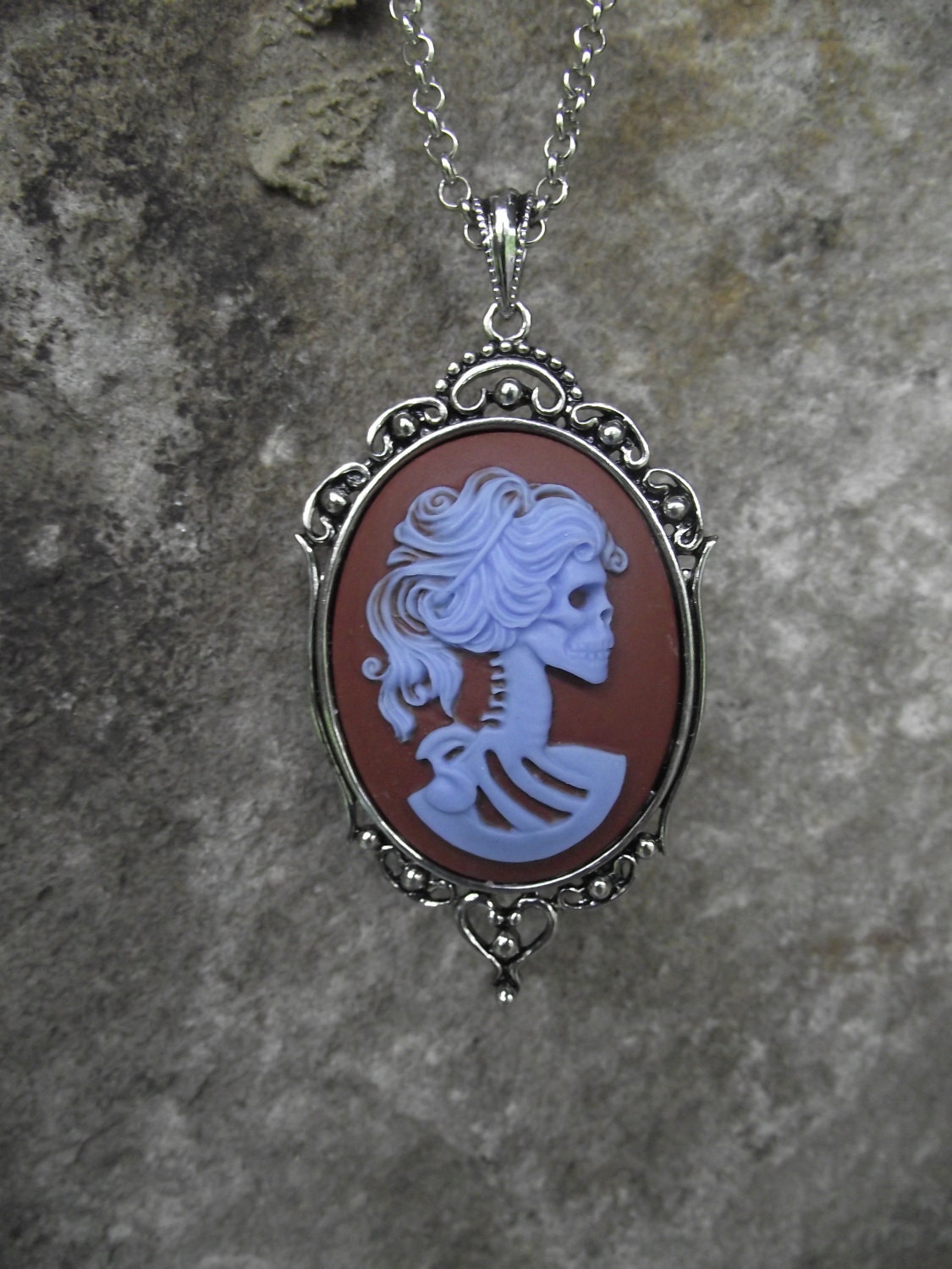 Lady Blue  - CLEARANCE - Chocolate and Blue Skeleton Cameo Necklace
