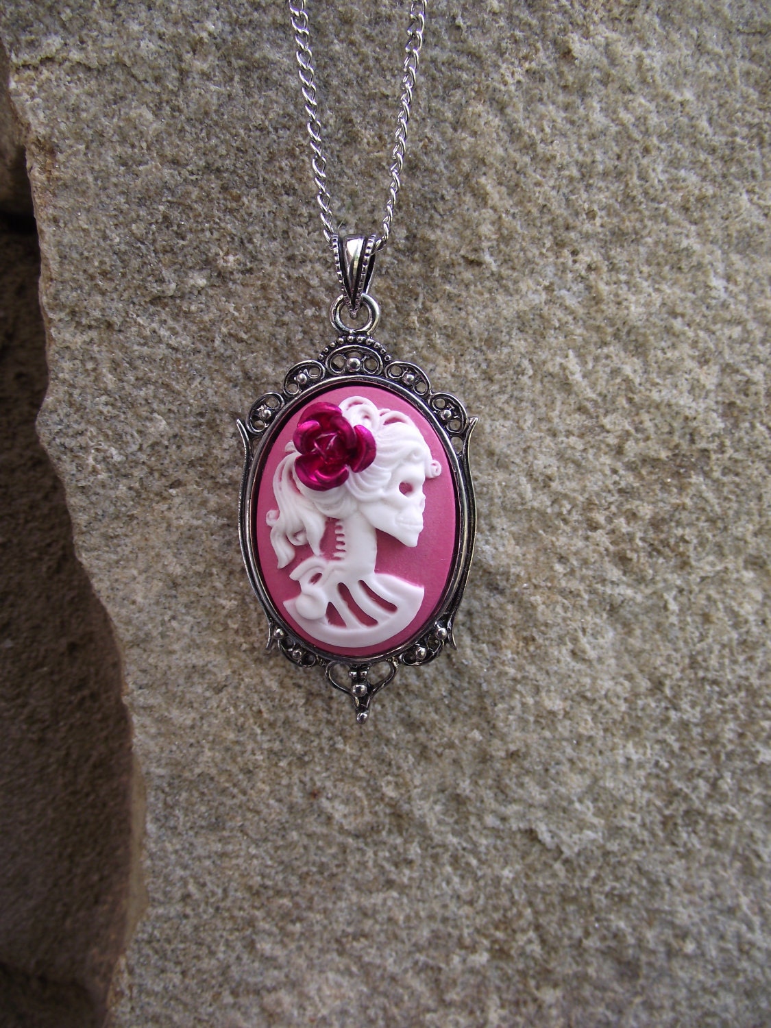 Petite Bubblegum Skeleton - 18x25 Skeleton Cameo Necklace
