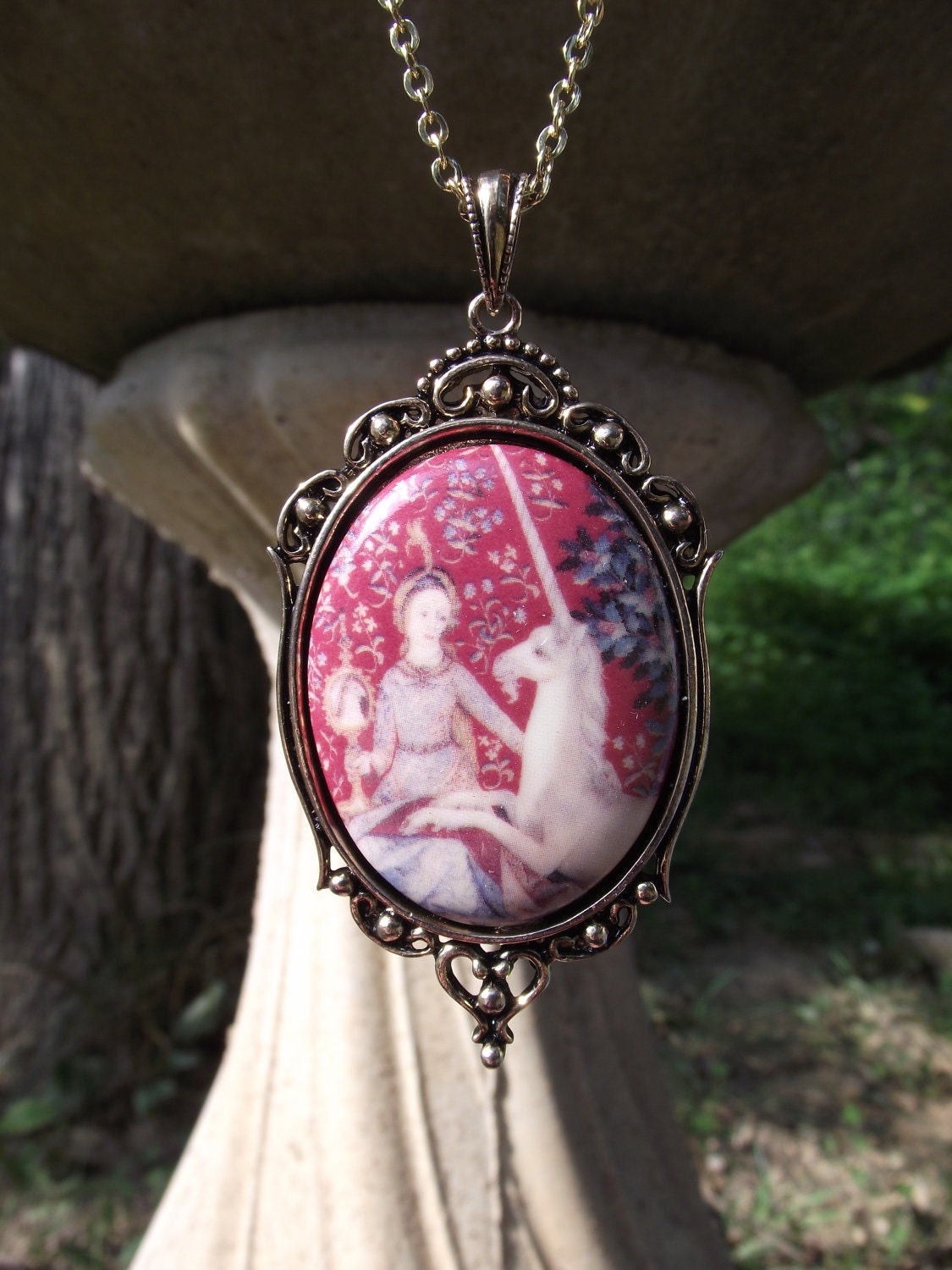 Renaissance Unicorn - PORCELAIN Renaissance Dame and Unicorn upon Vintage Tapestry Cameo Necklace