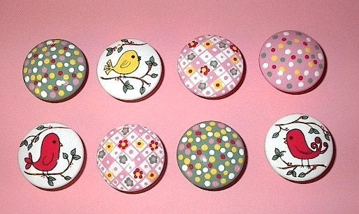 BIRDS and DOTS KNOBS - Pink and Green Hand Painted Wooden Knobs/Pulls - Set of 8 - Great for Little Girl's Room or Nursery