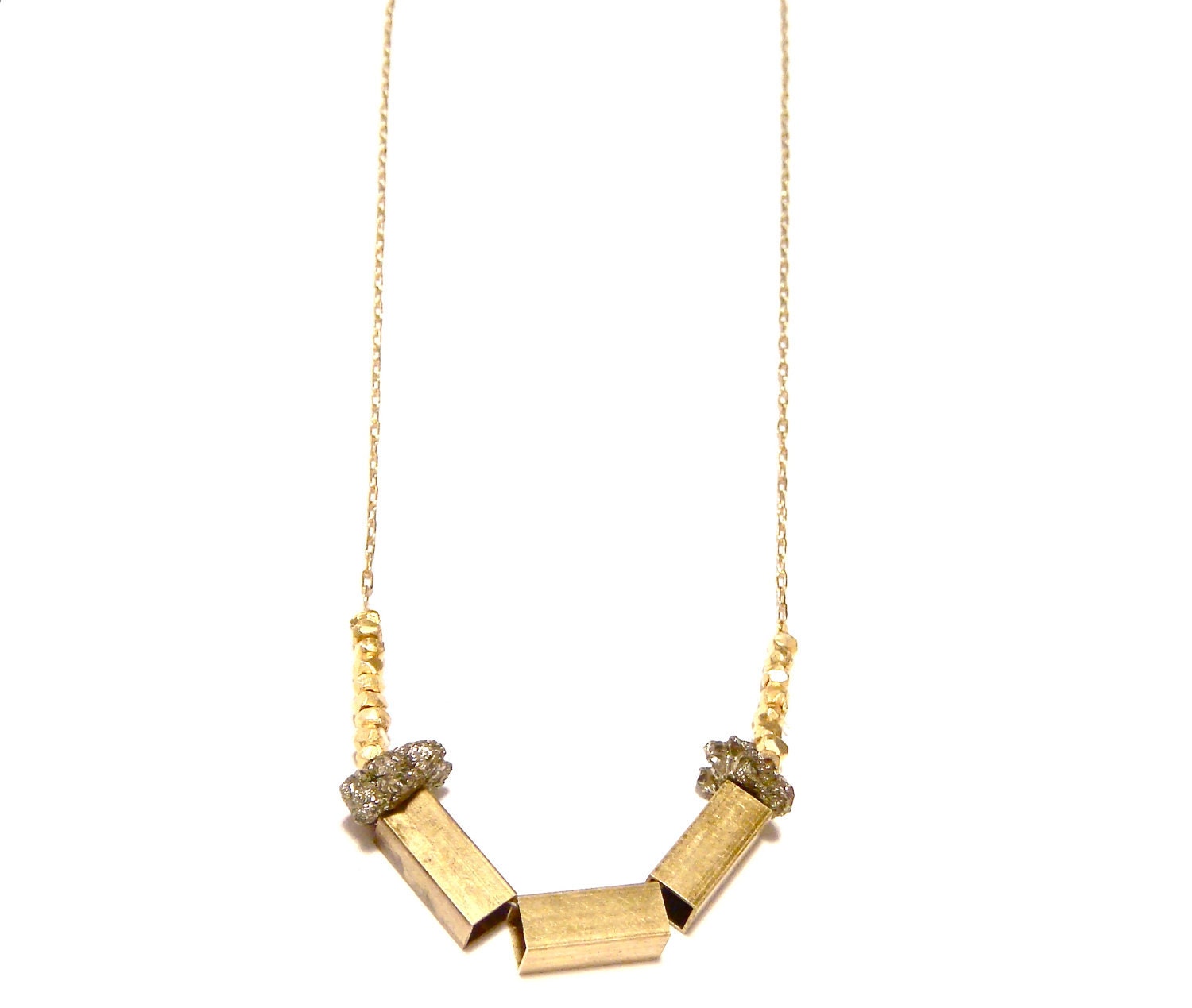 little talks v4 // necklace with raw brass square tube beads, pyrite & geometric gold beads on dainty gold chain