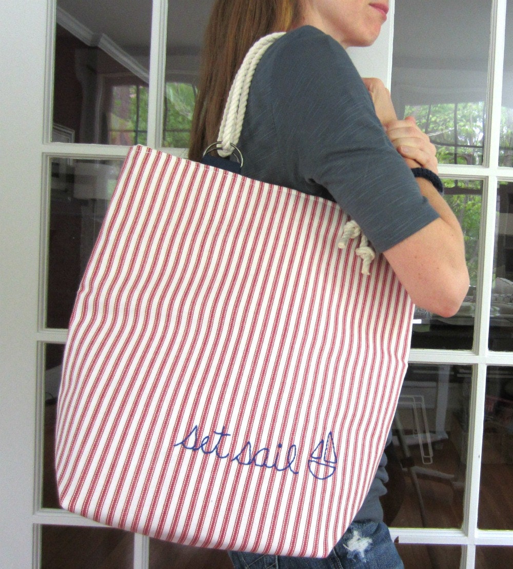 Nautical Tote Bag - Red White Ticking Stripe - Hand Embroidered Set Sail