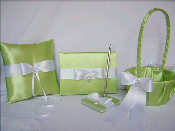 Wedding Lime Apple Green Flower Girl Basket Ring Pillow Guest Book Pen Set Your Colors