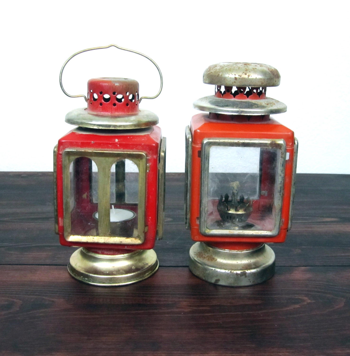 2 Vintage Red Lanterns / Retro Square Glass Panel Lanterns - MidMod