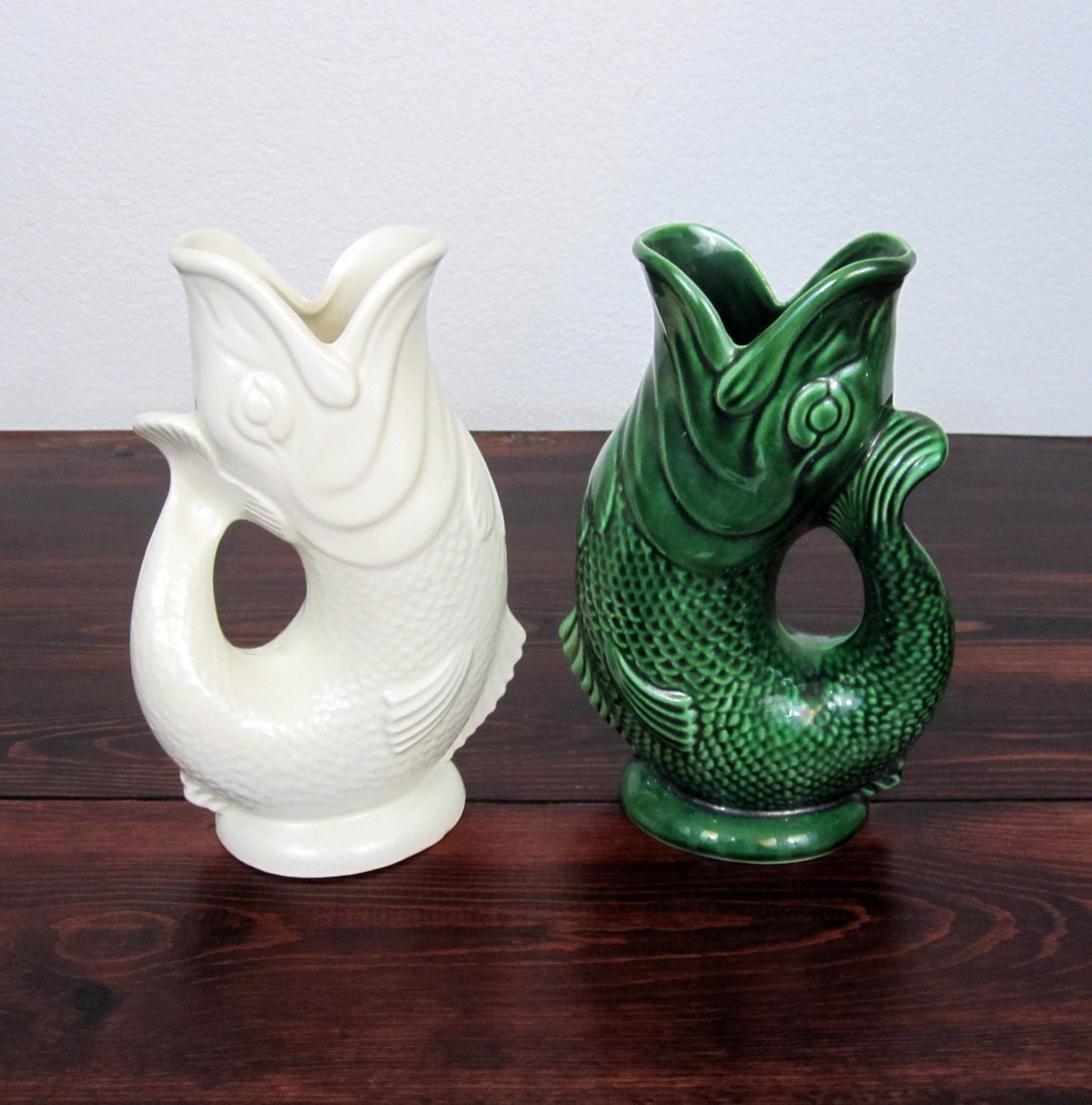 Vintage Pair of Koi Fish Vases or Pitchers / Retro Invento Pottery