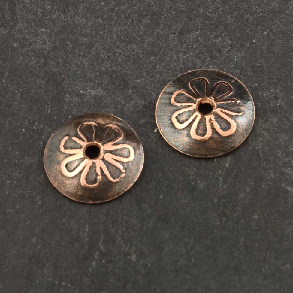 Handmade Etched Copper Bead Caps With 7 Petal Raised Flower, 12mm, 1 Pair (2 Caps)