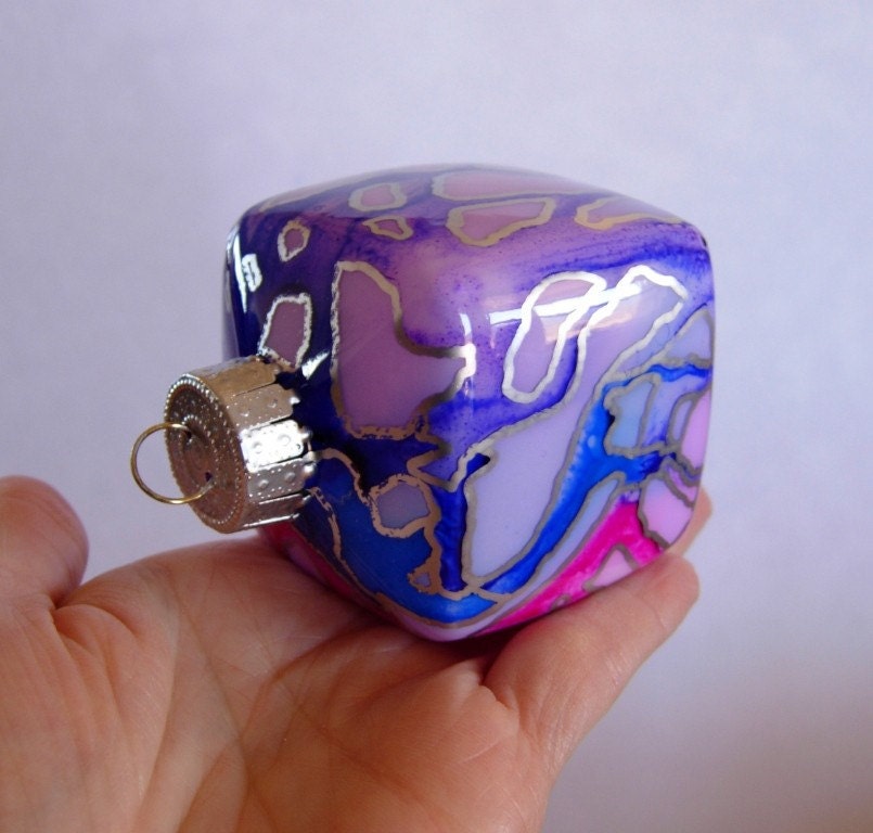 Hand Painted Glass Cube Ornament