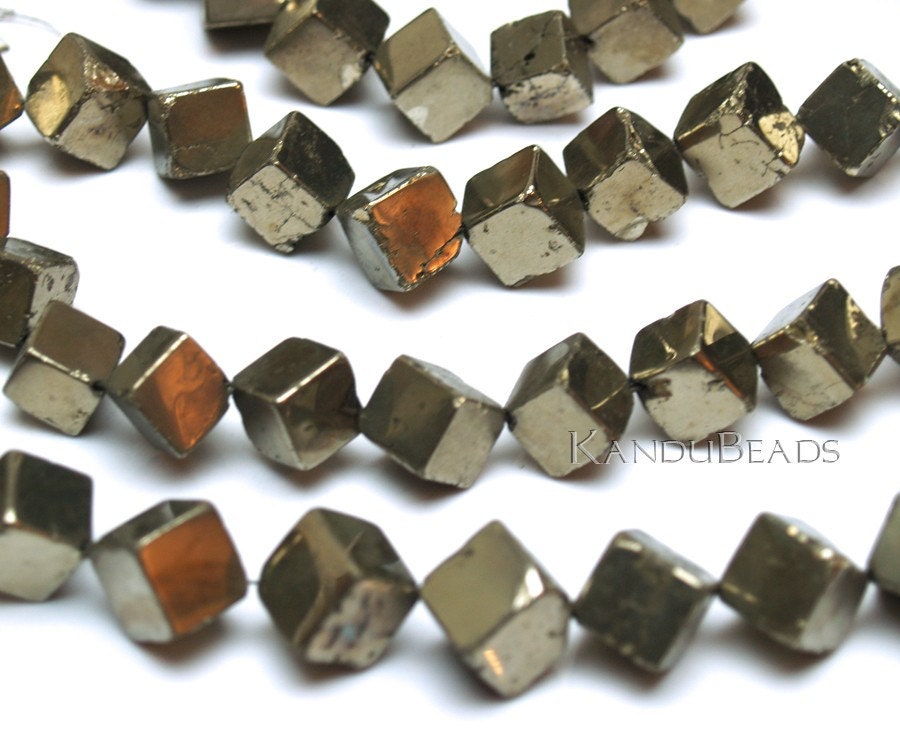 golden Pyrite dice cube beads 11mm 7" fools gold (half strand)