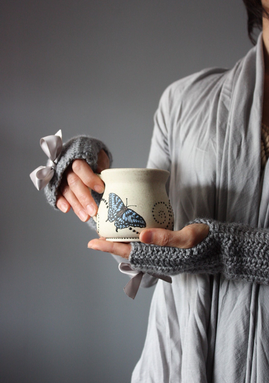 Crochet Fingerless Gloves Mittens Arm Warmers Grey twilight butterfly