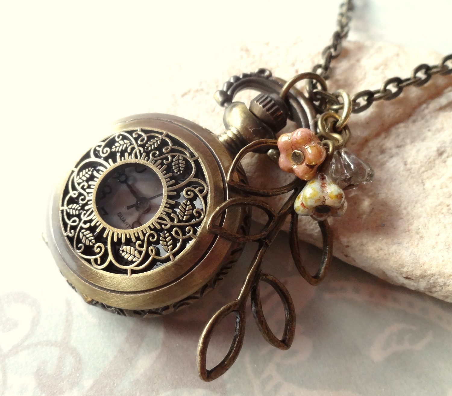 Little Vineyard. Pocket Watch Necklace with Sprig Charm in Antique Finish.